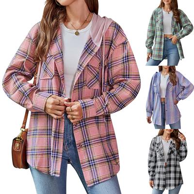 Cardigan feminino outono e inverno com capuz gola manga comprida xadrez botão bolso renda listrado solto moda casual camisa tops