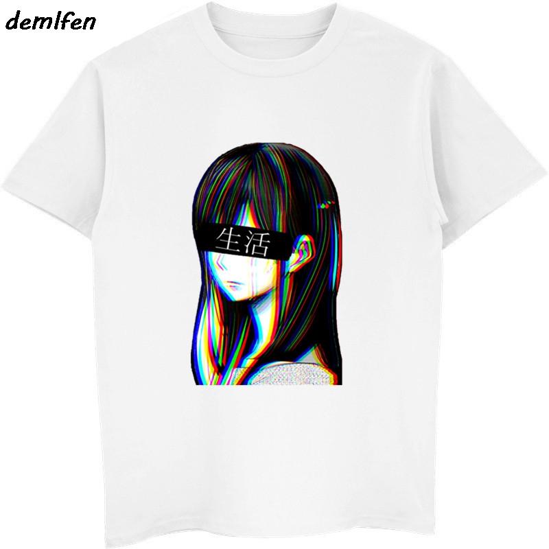 2019 Unisex Short Sleeve T Shirt Sad Girl Retro Japanese Anime Vaporwave Funny Clothes Novelty Hip Hop Tees Tops Harajuku Tshirt