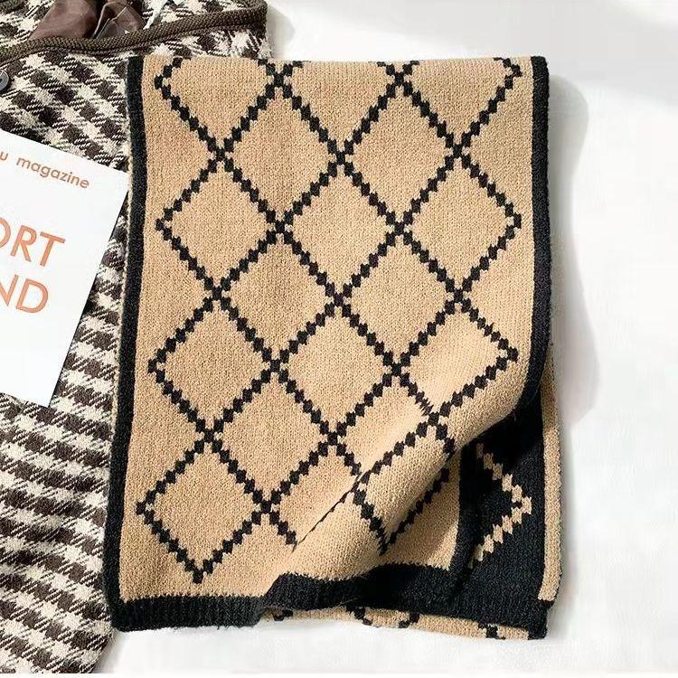 Cute Soft Girl Women's Plaid Scarf Autumn Winter Korean Style Versatile Thickened Warm Knitted Wool Neck Warmer