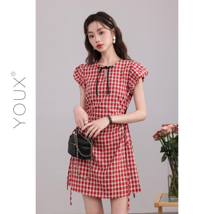 

[Original method + zipper] hot girl cut-out plaid skirt girl s summer slim slim and thin high-cold royal sister-style dress S