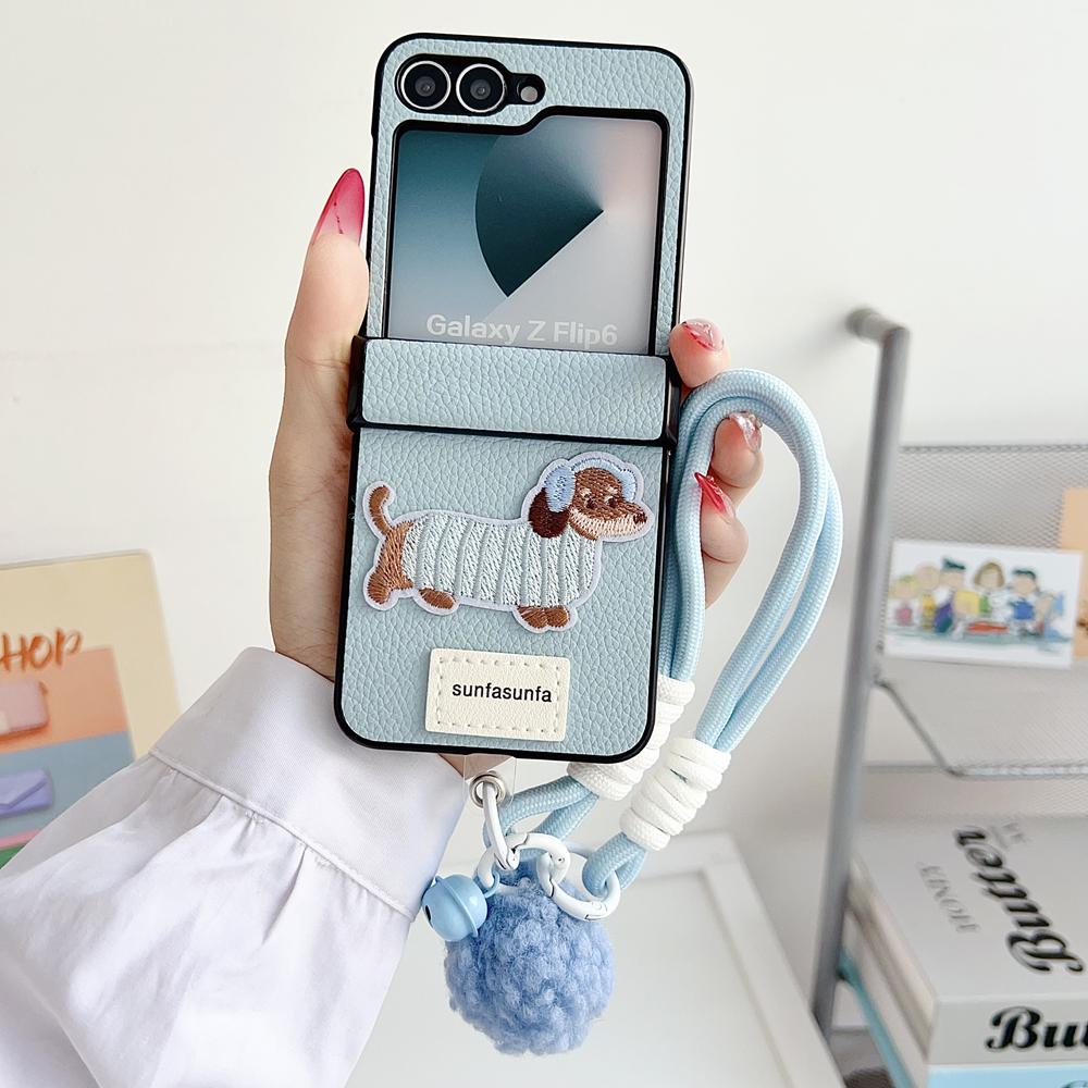 Cartoon Dog Embroidery Litchi Pattern Lanyard Case for Samsung Galaxy Z Flip 7 6 5 4 3 Zflip Hairball Wrist Strap Korean Cover