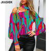 Women's Fashion Casual Spring Autumn Colour Block Print Long Sleeve Oblique Collar Blouses & Shirts