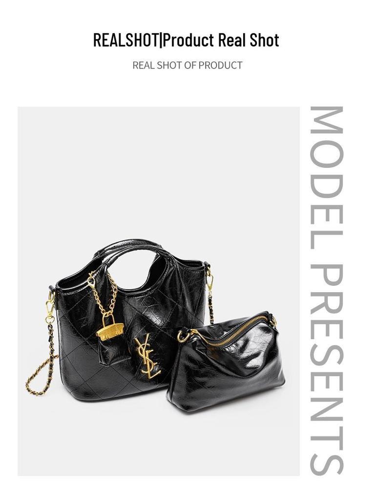 Black Argyle Basket Single Shoulder Handbag - High-End Retro Soft Leather Crossbody Bag for Women