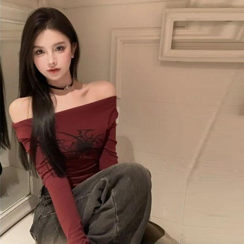 2KWEIRD Women Y2K Gothic Grunge T Shirts Off Shoulder Streetwear Fairycore Hip Hop Tops Punk Casual Tees Female Clothes