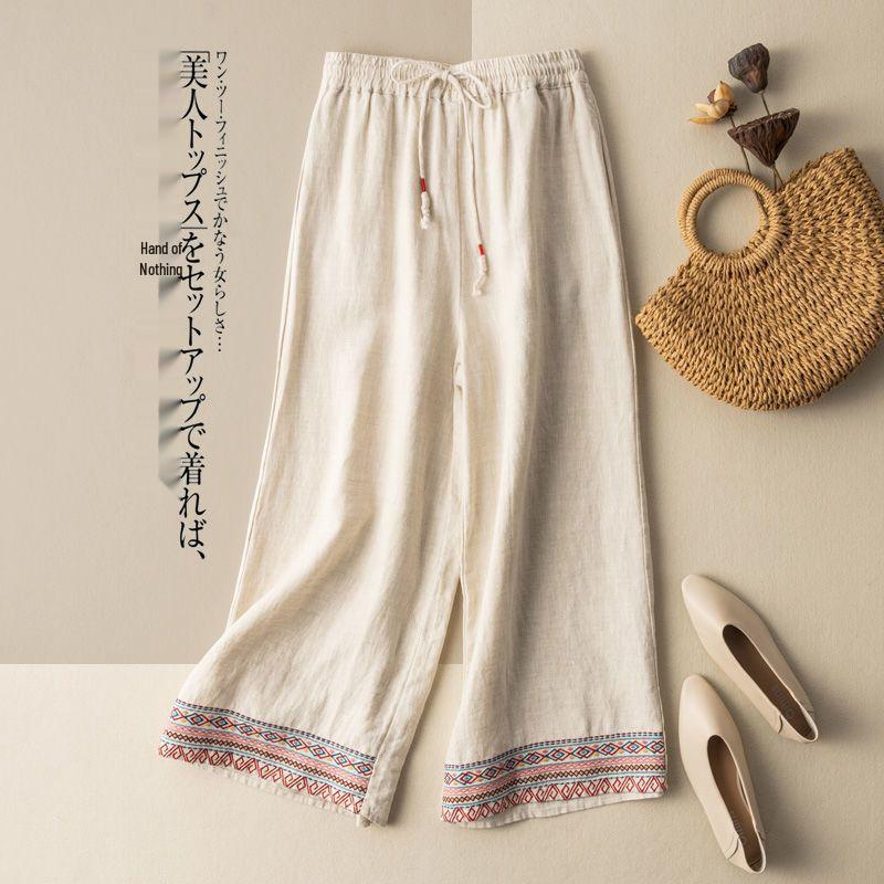 2024 Spring Summer Women's Cotton Linen Embroidered Wide-Leg High-Waist Casual Pants