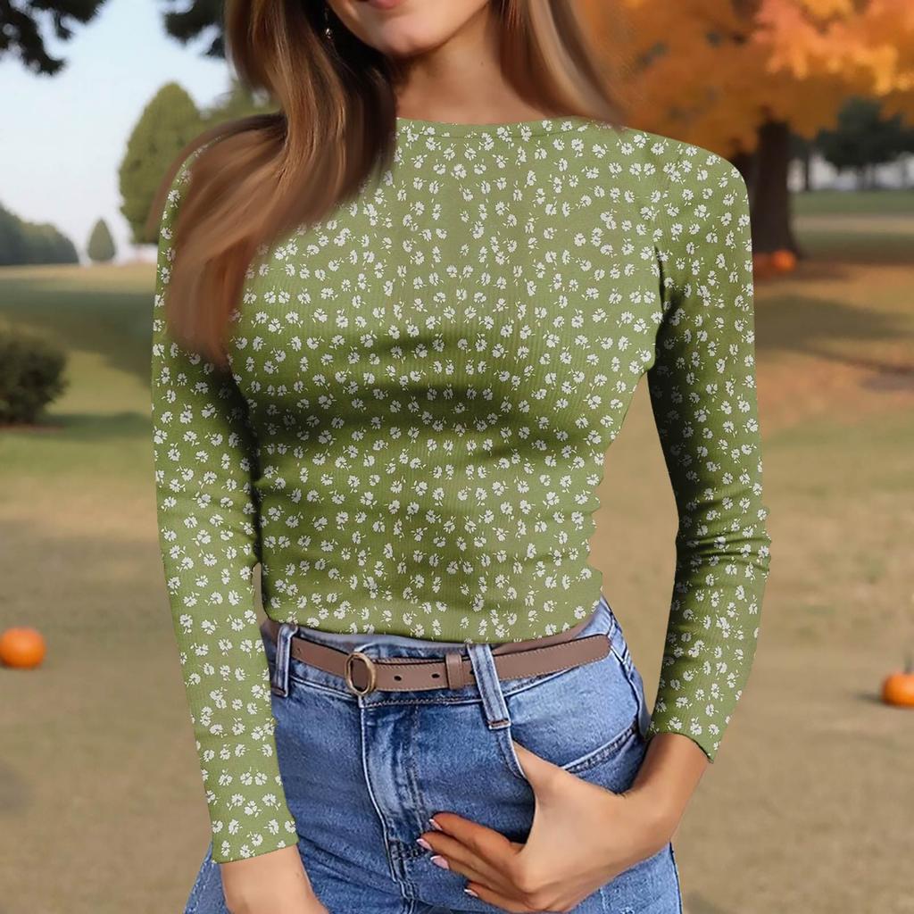 Women's  Slim Bottom T-shirt Fashion Casual Gradient Printing Round Neck Pullover Long Sleeve Top