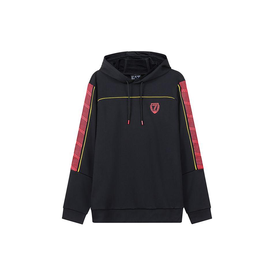 Emporio Armani EA7 Свитшот с капюшоном и длинным рукавом, декоративная полосатая отделка с цифровым логотипом, мужской свитшот, черный 6LPM85-PJJUZ-1200 XS