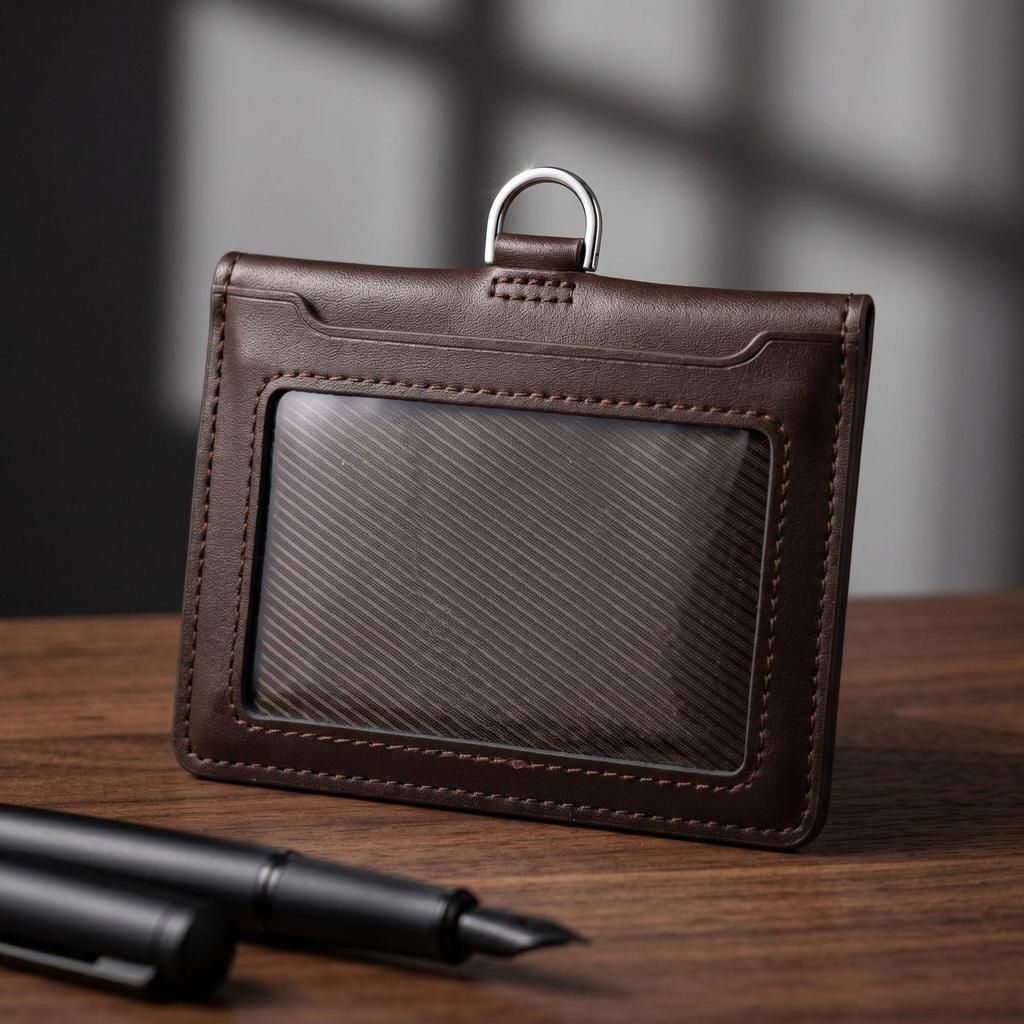 Leather Work ID Badge Holder with Foldable Magnetic Closure