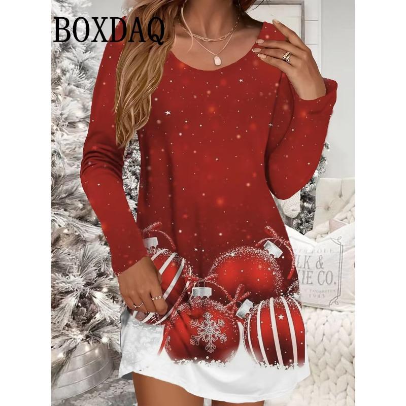 Autumn Winter Women Dresses Christmas Snowflake Print Dress Casual Party Clothing Long Sleeve Women's Loose