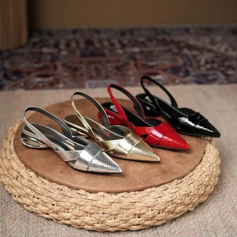 Fashion Women Sandals Luxury Designer Slingback Shoes Woman Pointed Toe Heels Golden Silver Red Pumps Block Heel Sandalias Femininas