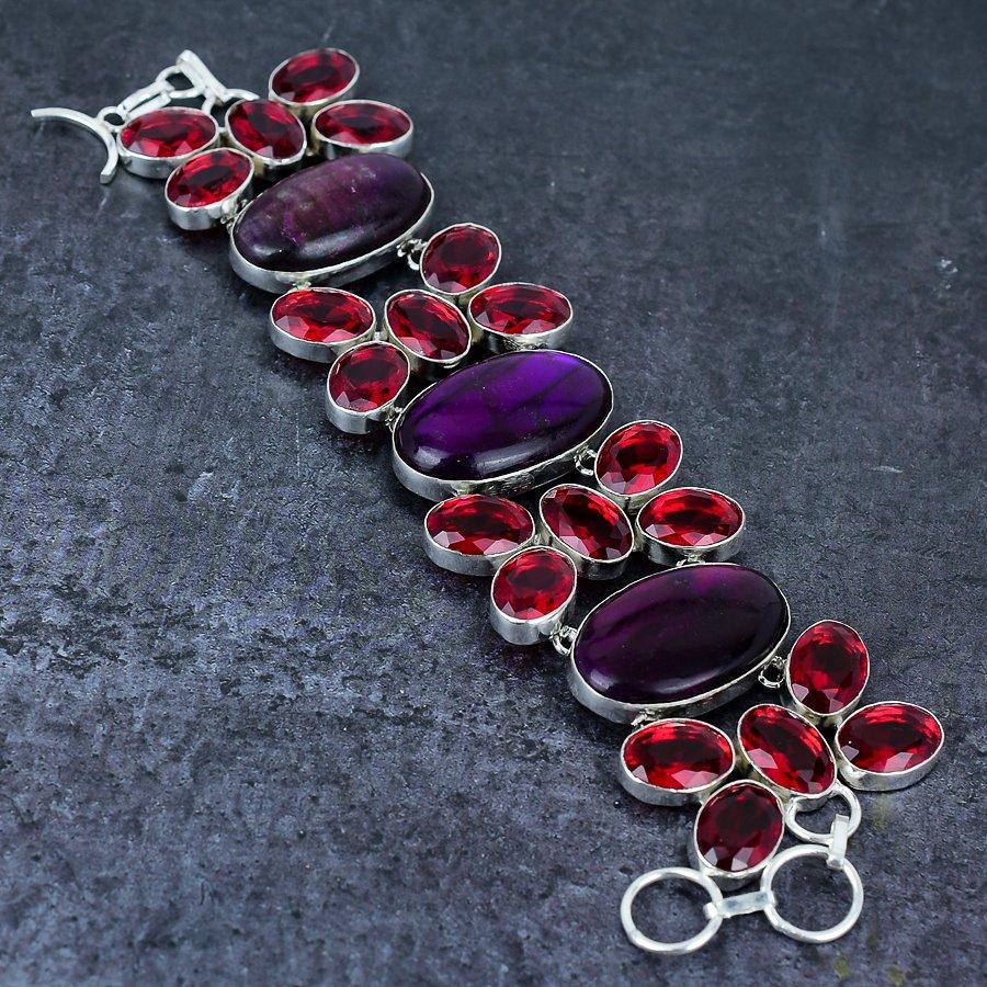 Lila Labradorit, Granat Edelstein 925 Sterlingsilber Armband 7-8"