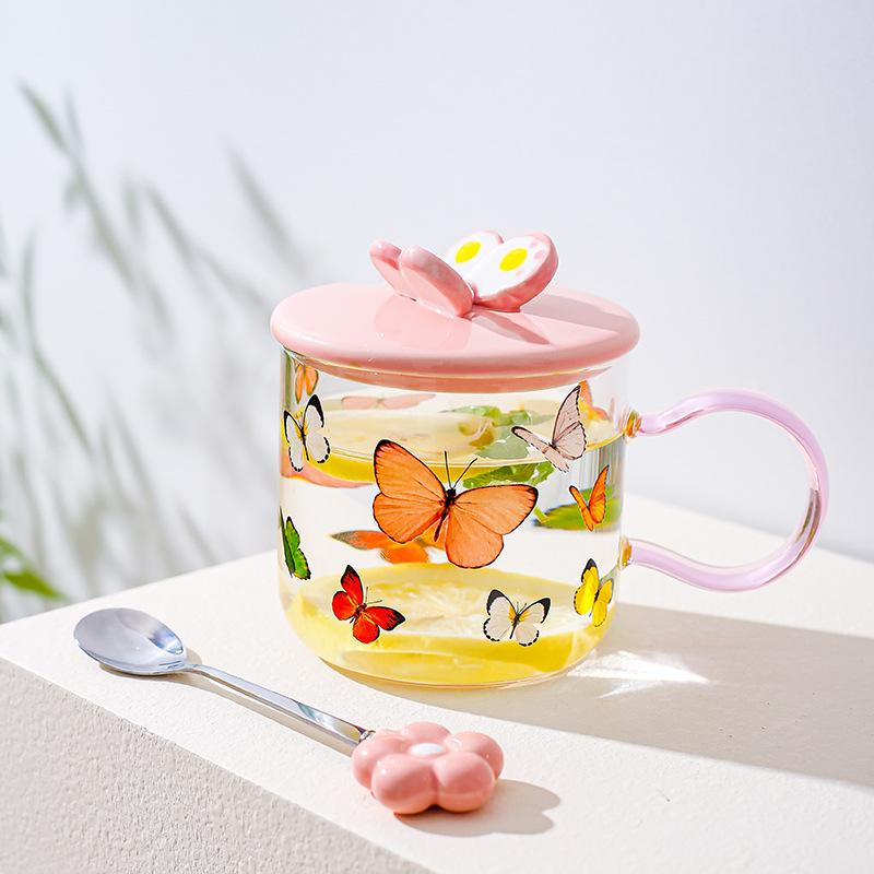 Cute butterfly high borosilicate glass gift high value pink girl heart water cup mug with lid spoon