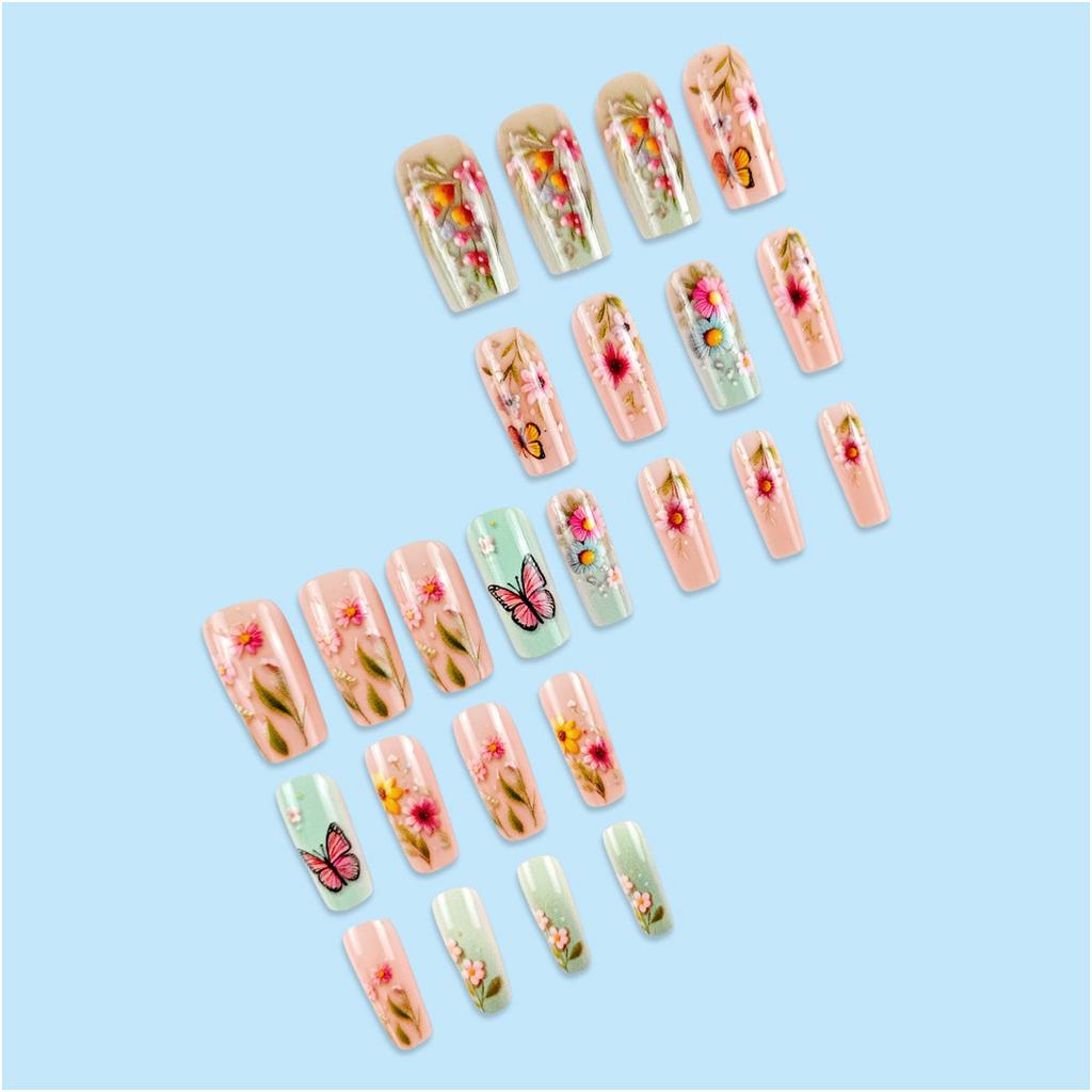 Square Press On Nails Flower Fake Nails Stick On Nails In 12 Sizes 24 Pcs French Nails Tips for DIY Nail Art Decorations