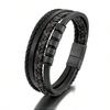 Simple Stainless Steel Leather Rope Bracelet,multi-layer Black Leather Woven Men's Bracelet Bangle