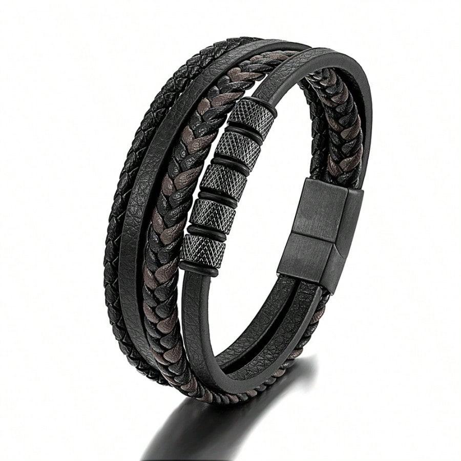 Simple Stainless Steel Leather Rope Bracelet,multi-layer Black Leather Woven Men's Bracelet Bangle