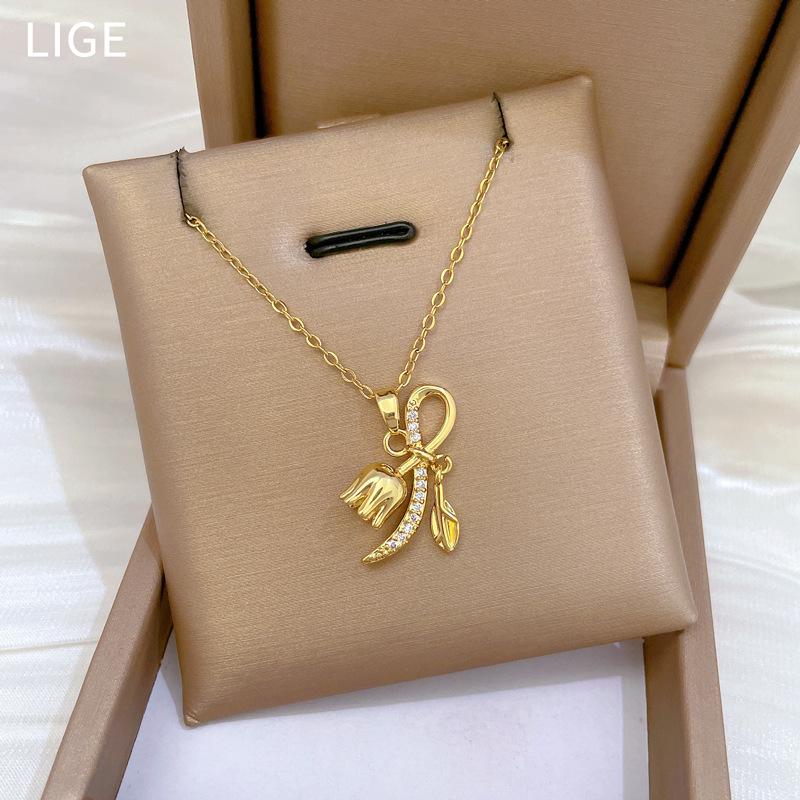 Bell Orchid Fashion Light Luxury Temperament Gorgeous Full Diamond Necklace Female Versatile Collarbone Chain Titanium Steel Chain