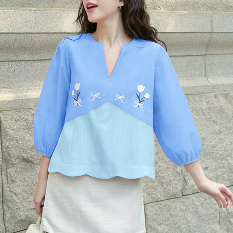 

ZANZEA Женская повседневная блузка с V-образным вырезом, свободная, рукав 3/4, вышивка 2XL синий