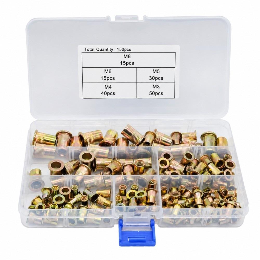 150PCS Gold Rivet Nuts Assortment Steel Threaded Rivnuts Knurled Nuts Set Industrial Applications