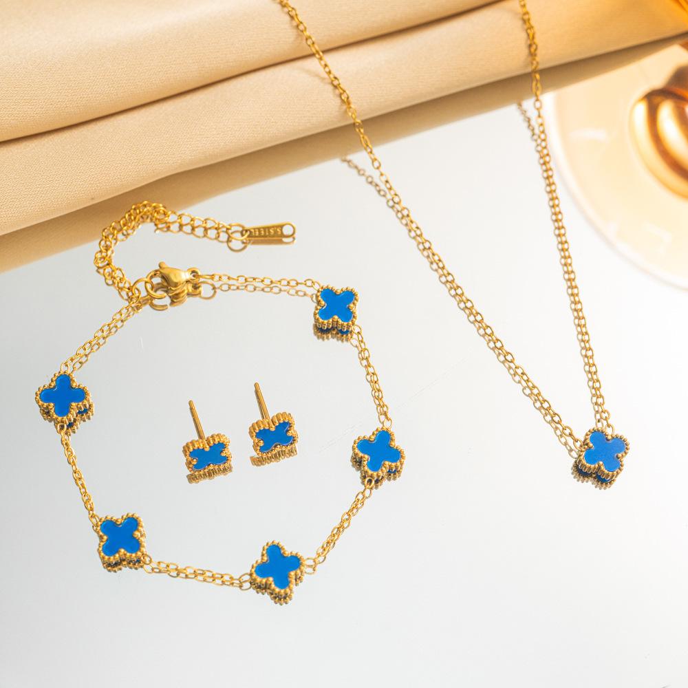 9mm Double-sided Four-Leaf Clover Necklace and Bracelet Set - Stylish Elegant and Luxurious Titanium Steel Jewelry