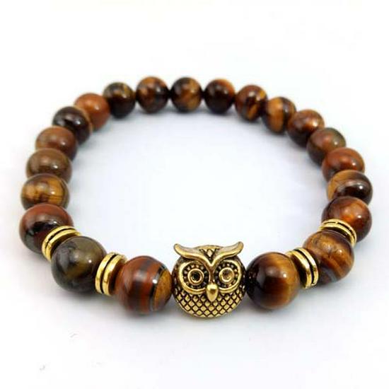 European & American Volcanic Stone Bracelet with Tiger Eye, Blue Turquoise Beads, and Owl Alloy Charm