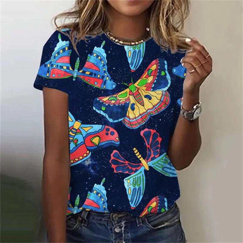 Summer Round Neck Butterfly Pattern 3D Print Top Fashionable Casual Short Sleeved Women's T-shirts