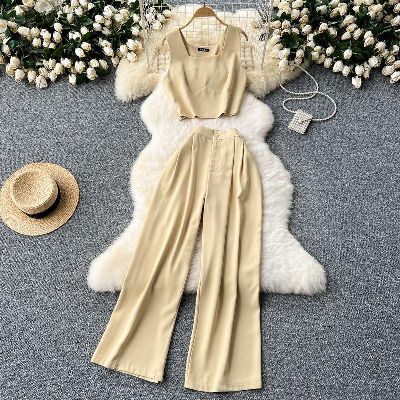 Fashion Niche Style Anti-Aging Outfits Women's Short Crop Top Sleeveless Vest Tops + High Waist Wide Leg Leisure Suit Pants