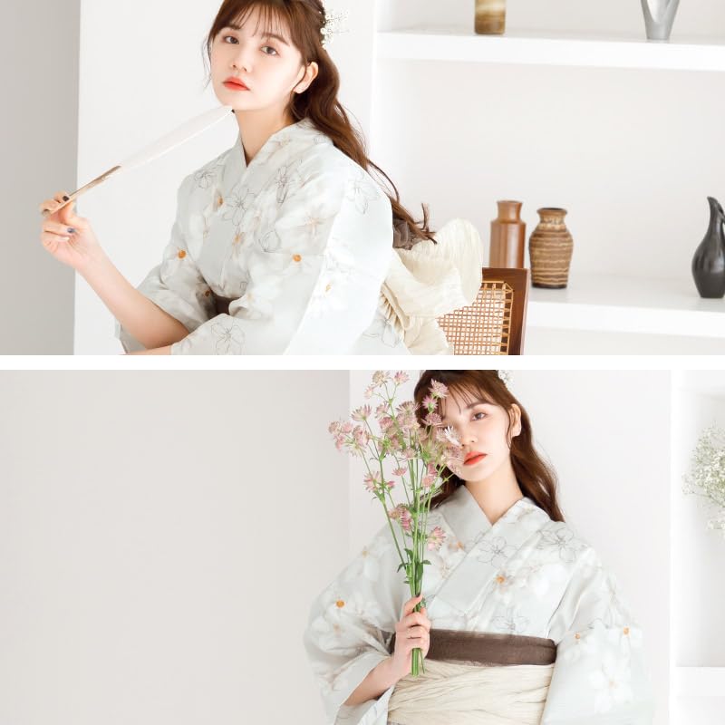 Dita Yukata Set with Obi In and Floral Simple Easy To Dress by Yourself No Free Women's 5-Piece (Heko Obi) White, Gray, Beige, Print, Natural, Design,