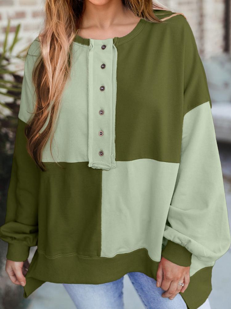 Women's Long Sleeve Color Block Knit Top with Button Front in Multiple Colors