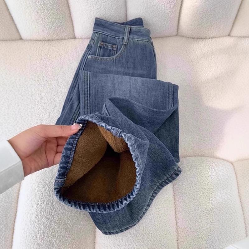Fleece Thickened Narrow Straight-leg Jeans Women's Winter M High-waisted and Thin Versatile Wide-leg Pants