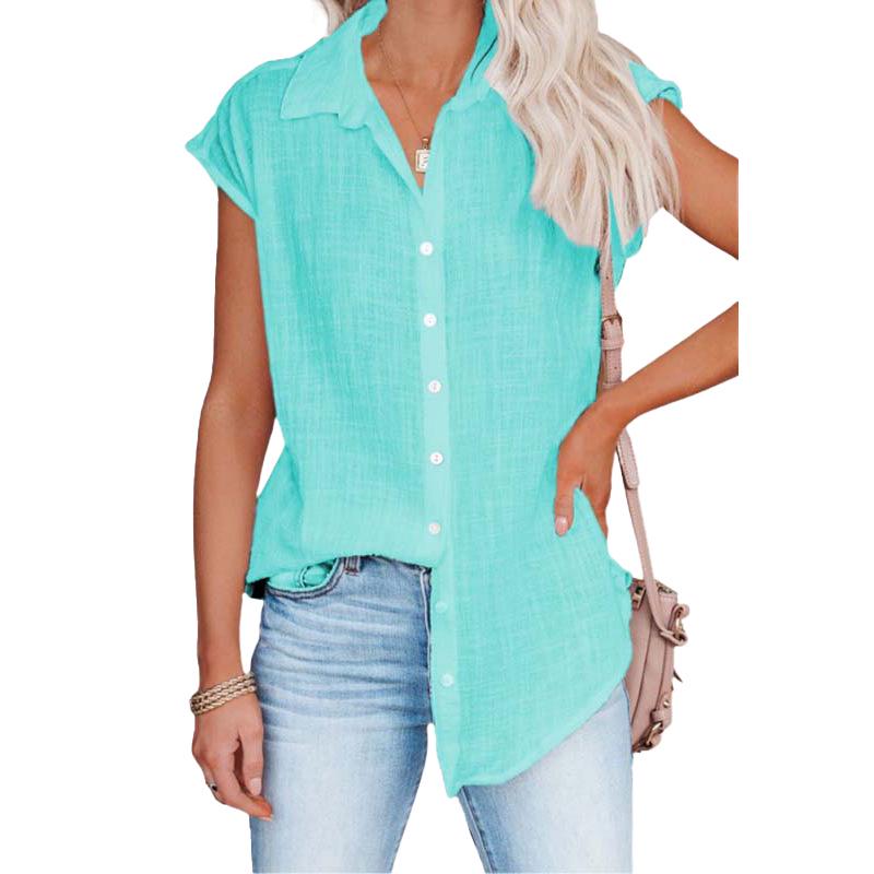 

Летняя однотонная рубашка без рукавов с лацканами XXL циан