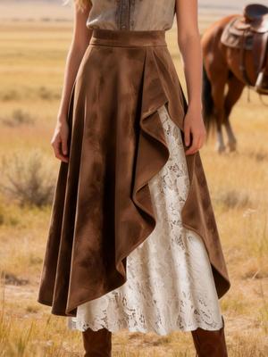Új Női Vintage Western Stílusú Csipke Patchwork Maxi Szoknya