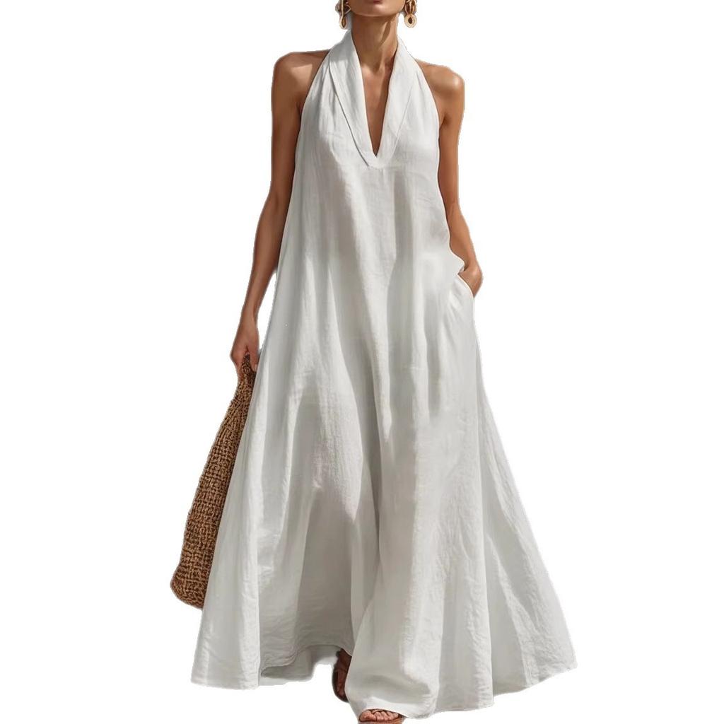 European and American new summer women's casual solid color V-neck dress TikTok skirt