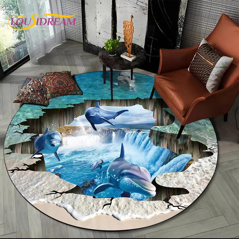 3D Seabed Illusion Underwater World Dolphin Round Area Rug,Carpet for Living Room Bedroom Sofa Playroom Decor,Non-slip Floor Mat