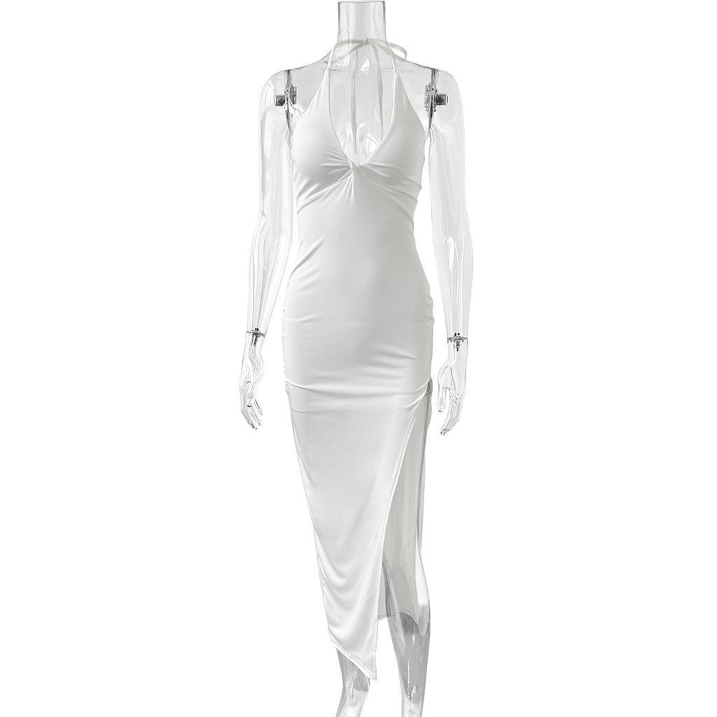 Women Summer Casua Halter Backless High Splice Solid Color Party Dress