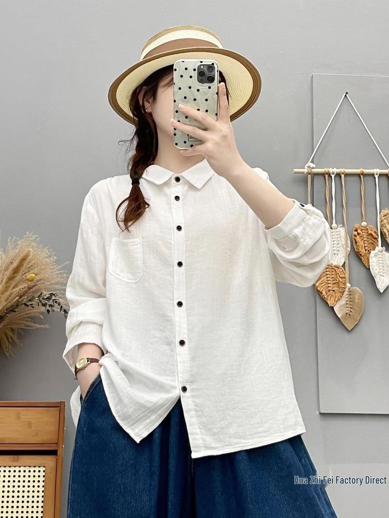 Mori-kei Double Layer Cotton Gauze Long Sleeve Shirt - Women's Loose Versatile Casual Top