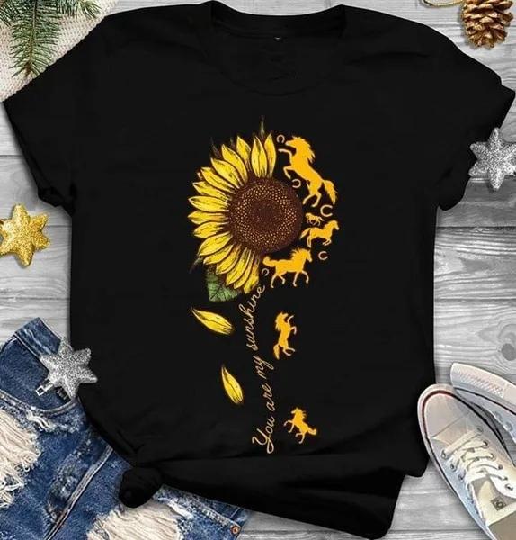 Sunflower Horse Print T Shirt Women Short Sleeve O Neck Loose Tshirt Summer Women Tee Shirt Tops Camisetas Mujer