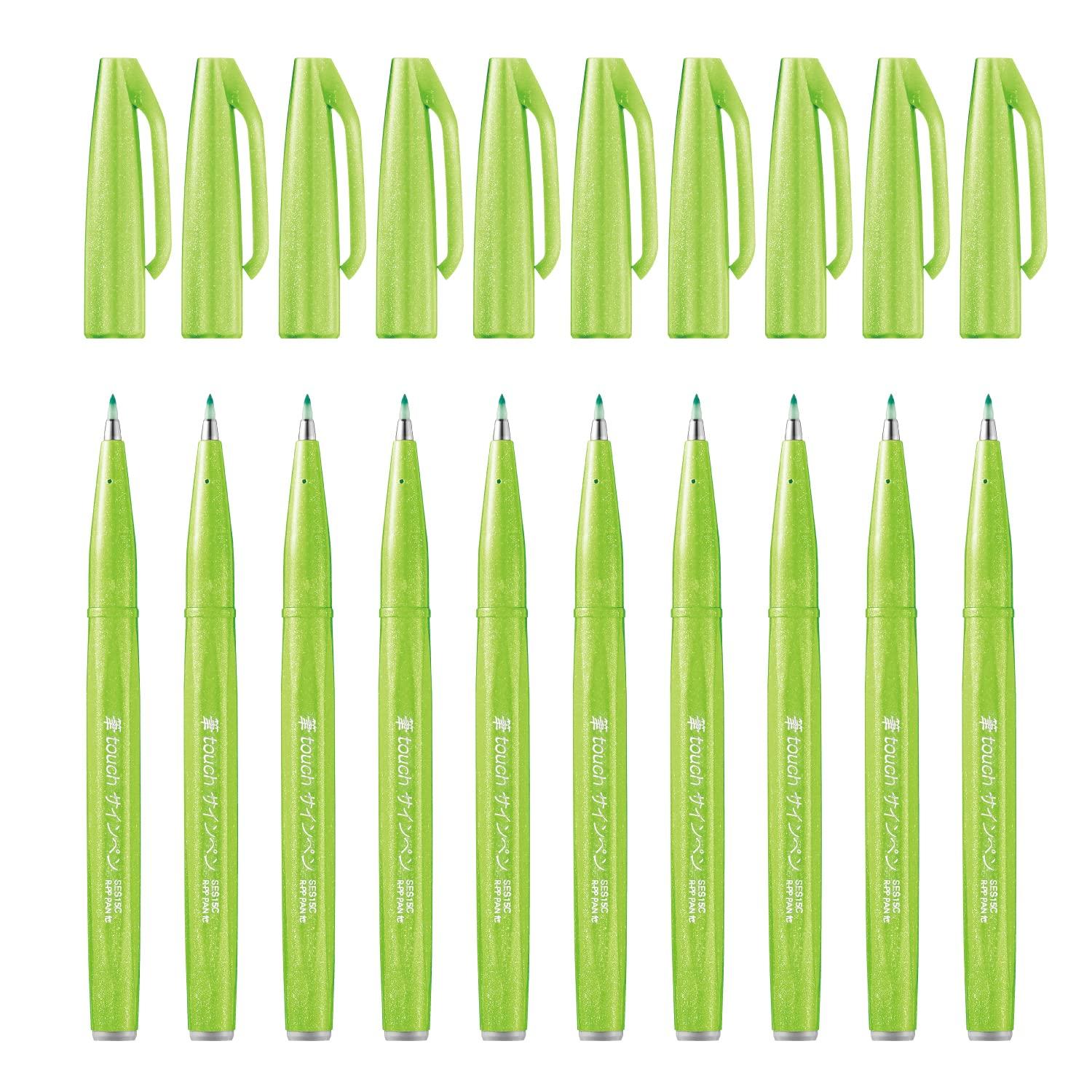 Pentel Brush Touch Sign Light Pen, Green, 10-Piece Set, SES15C-K
