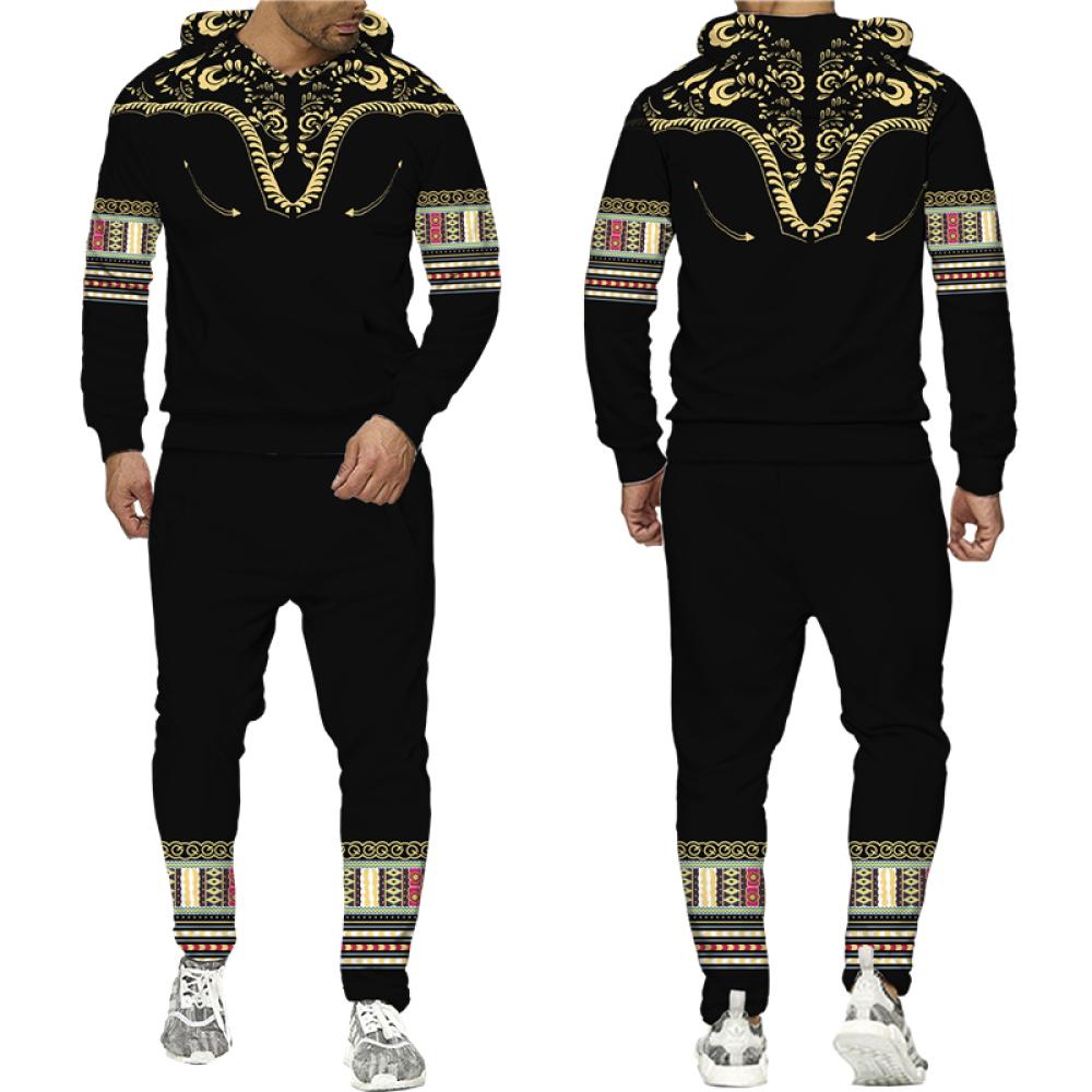 Afrikanischer Dashiki-Hoodie/Anzug für Herren, lässig, 3D-gedruckt, Ethno-Stil, Sweatshirt, Hose, Set für Herren/Damen, Folk-Custom Streetwear-Trainingsanzug