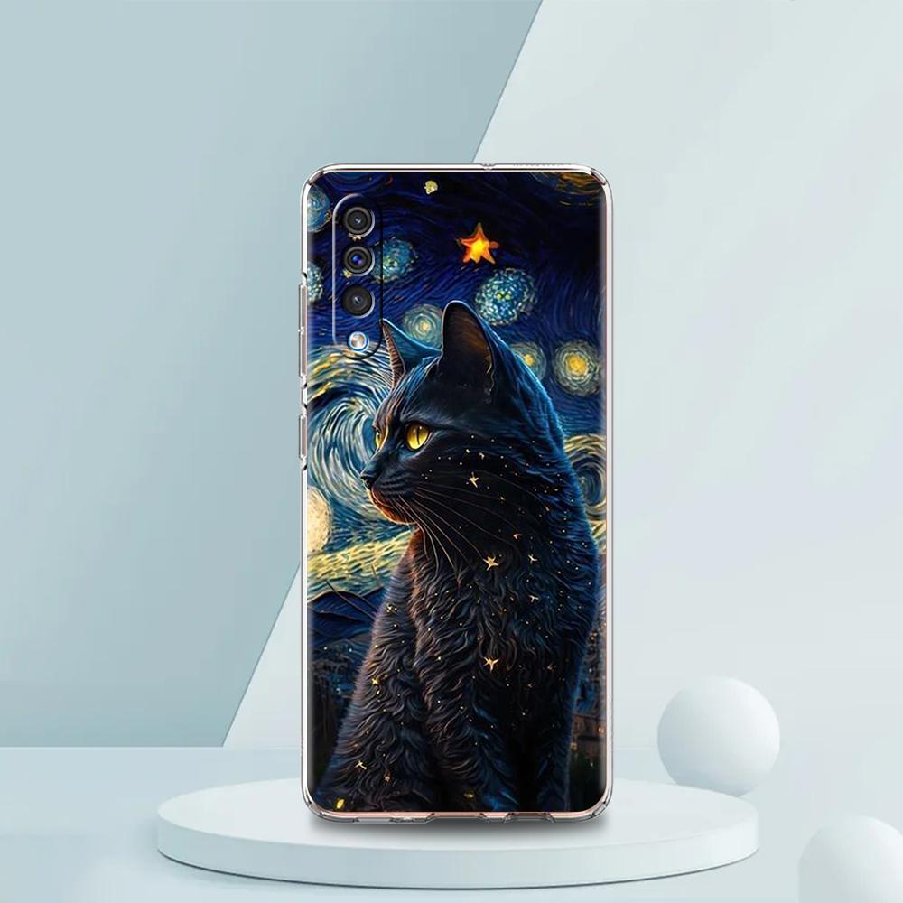 Чорний Кіт Мультяшний Милий Чохол Для Samsung A54 A52 A50 A70 A30 A40 A20S A20E A02S A12 A14 A22 A42 A72 A34 A32 5G A04s Прозорий Чохол
