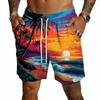 Men's Casual Hawaiian Print Drawstring Shorts Lightweight Quick Dry Mid-Length Beachwear Summer Five-Point Pants with Pockets
