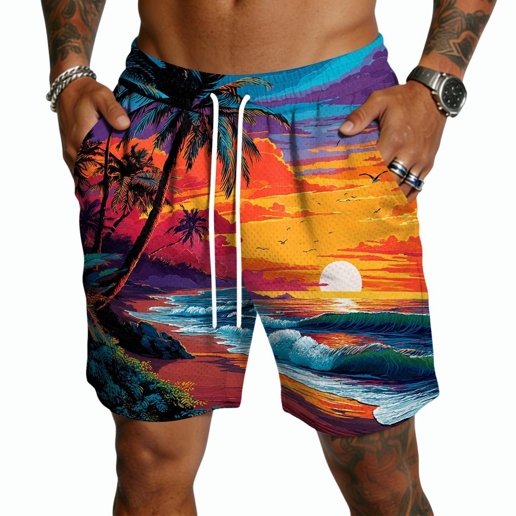 Men's Casual Hawaiian Print Drawstring Shorts Lightweight Quick Dry Mid-Length Beachwear Summer Five-Point Pants with Pockets