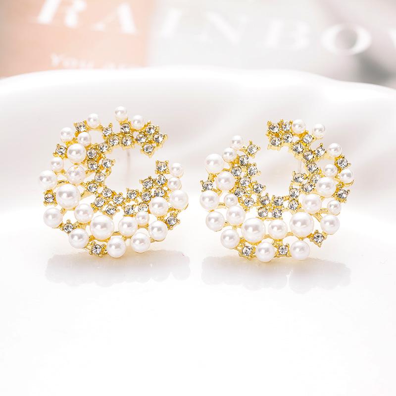 Korean Luxury C-Shaped Pearl & Diamond Imitation Silver Earrings - Versatile High-End Fashion