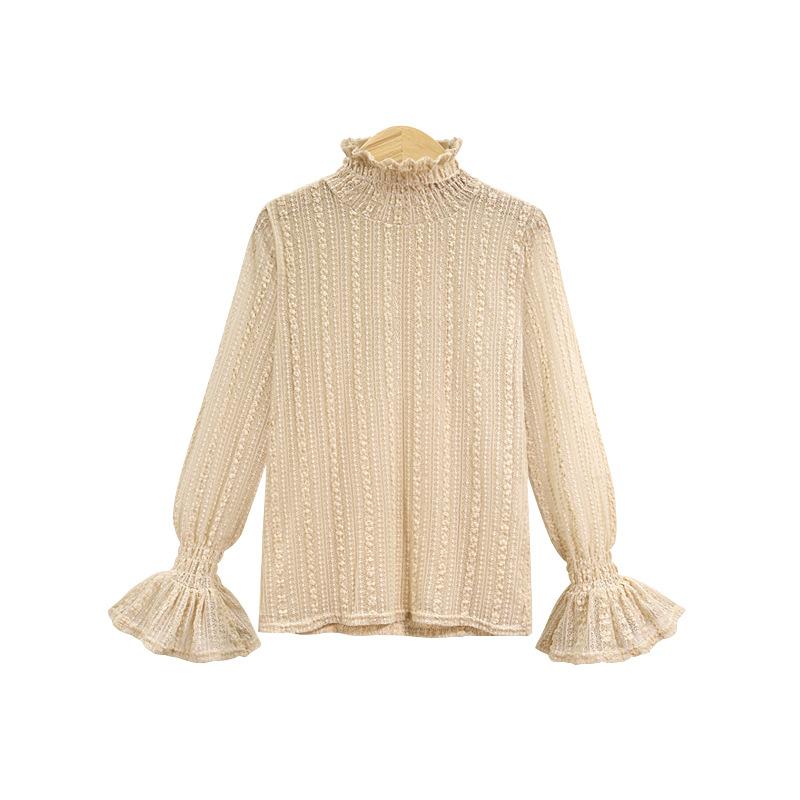 

Топ женский с высоким воротом, базовый, из французского кружева, осенне-зимний, большого размера, свободный, эластичный, с длинным рукавом, сетчатый для ношения под низ 4XL