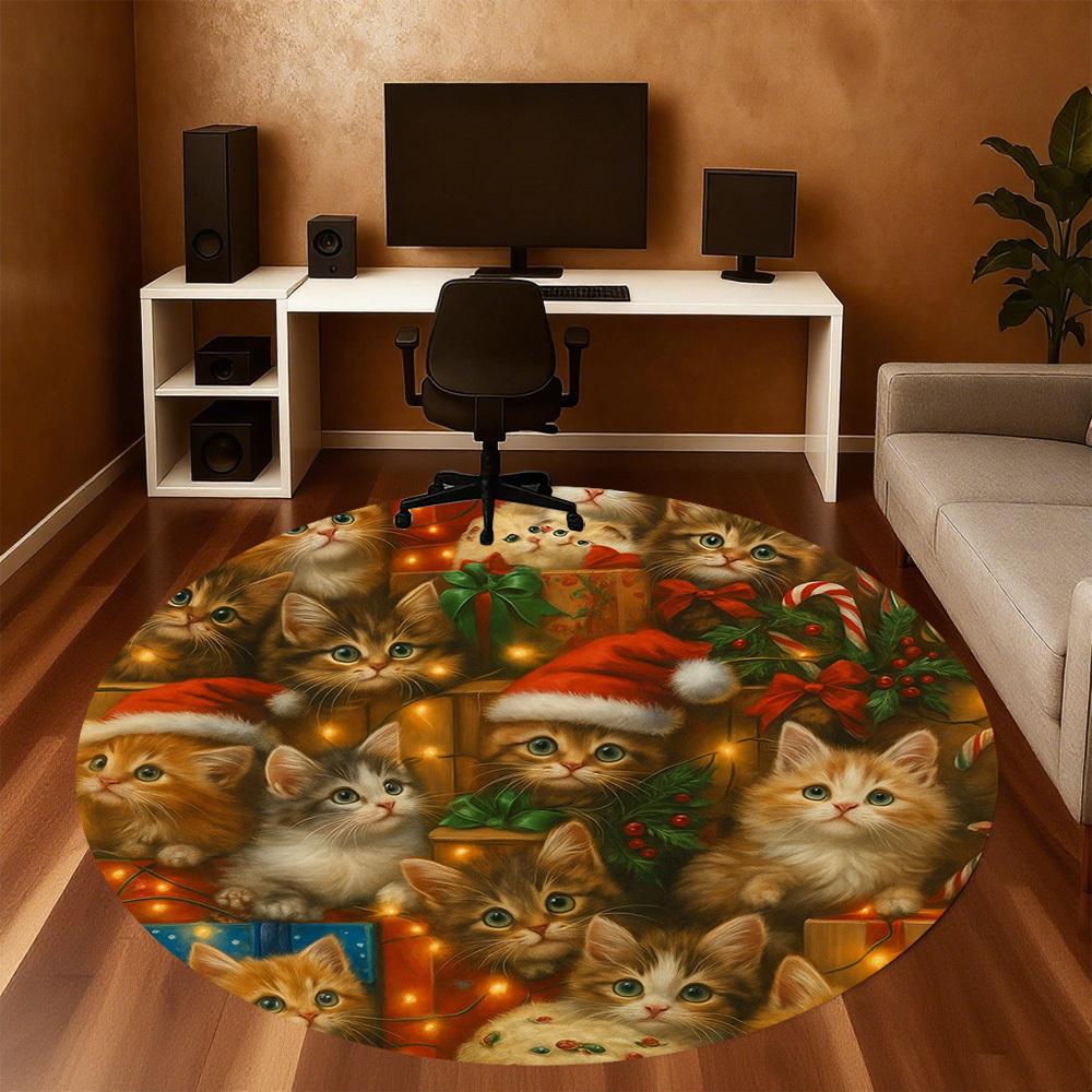 1pc Christmas Kittens Round Chair Mat Area Rug - Non-Slip, Floor Mat for Office, Bedroom, Home Decor Christmas Gift P0811379