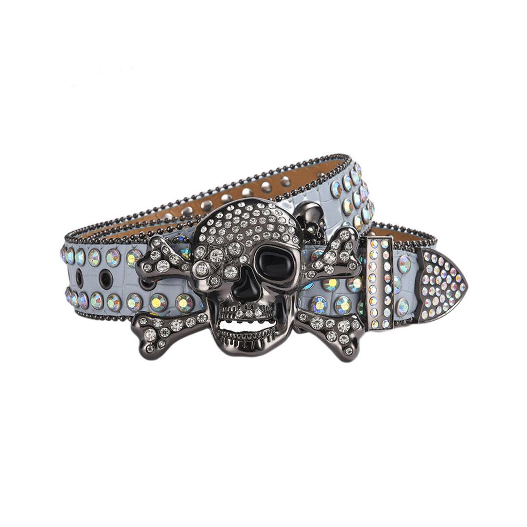 Adult Sequins Belt for Disco Party Waist Belt Rhinestones Skull Buckle Thin Waist Belt Street Cultures Enthusiasts Belt