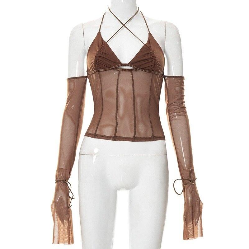 Cyber ​​Sexy Summer Halter Tops Tmavé Y2k Punk Mesh Průsvitná trička Dámské Šněrovací Techwear Černé Patchwork Split Clothes 20694