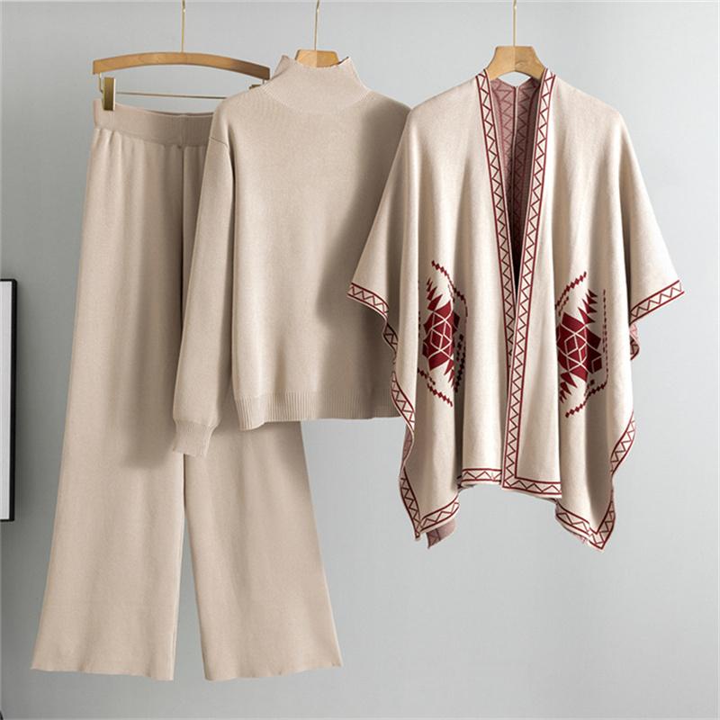 

Вільний в язаний светр-шаль з високою горловиною, широкі штани, комплект з трьох предметів для жінок на осінь та зиму One Size абрикосовий