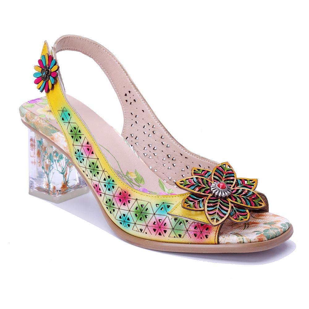 Johnature Genuine Leather Retro Baroque Style Hollow Out Colorful Three-dimensional Flower High-heeled Sandals