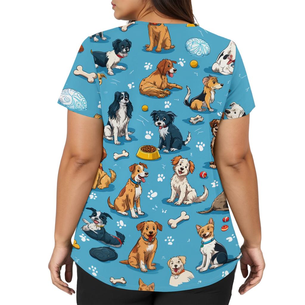 Ladies V Neck Short Sleeve Work Top with Side Slits and Pockets Animal Print Pattern Medical Scrub Shirt for Healthcare Professionals