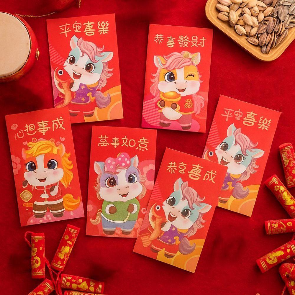 6pcs Traditional 2026 Horse Year Red Envelope Chinese Lucky Money Envelopes  Lunar Year Celebration